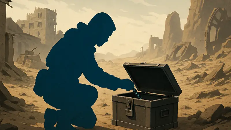 Игрок открывает запертый ящик в постапокалиптическом мире SAND: Raiders of Sophie.