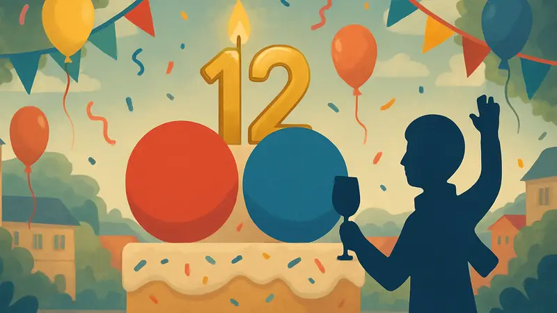 Логотип игры Two Dots с праздничными элементами, символизирующими 12-летие