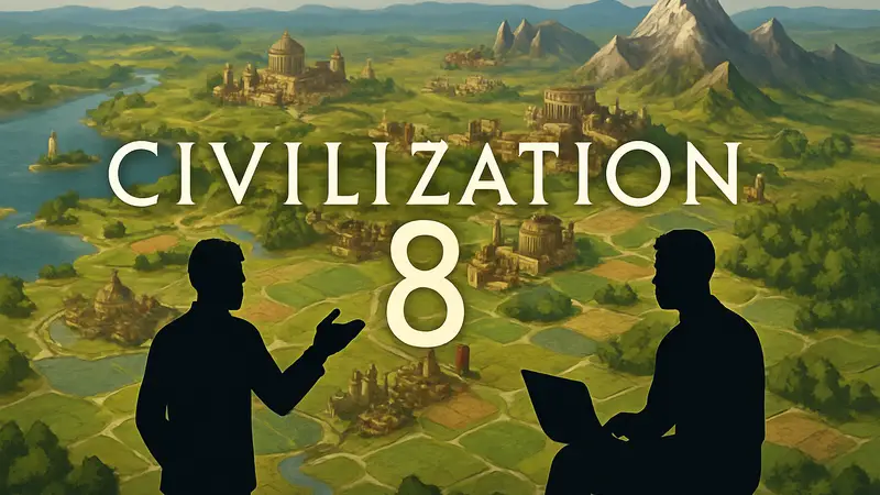 Логотип Civilization 8 на фоне игрового поля. Обсуждение раннего доступа и будущих планов Firaxis.