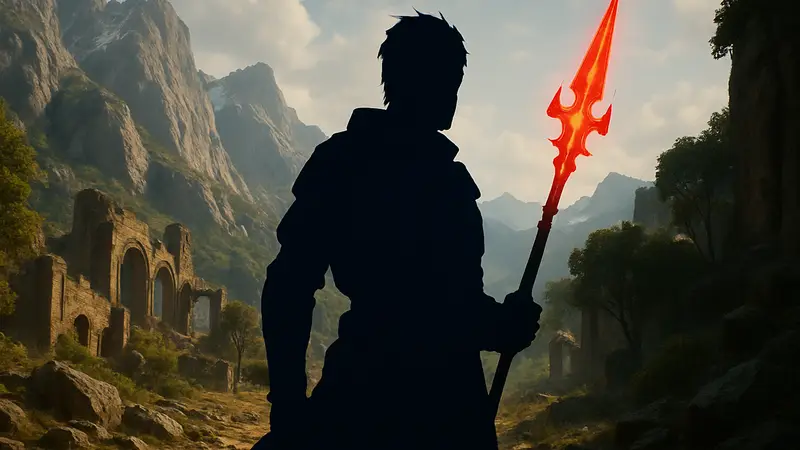 Игровой персонаж с Копьем Душ в Crimson Desert, мощное двуручное оружие.