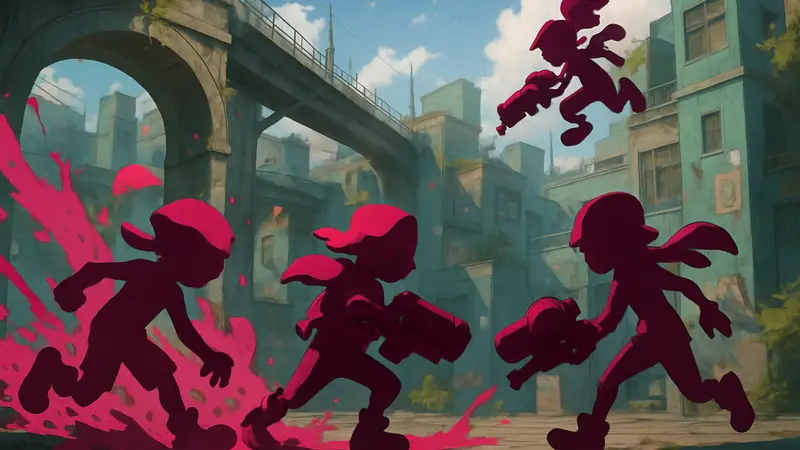 Персонажи Splatoon Raiders в динамичном экшен-сцене, демонстрирующие геймплей.