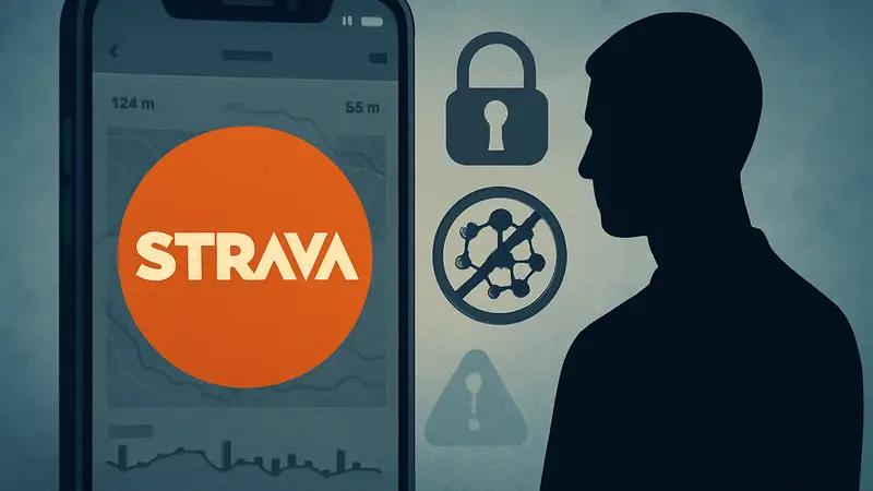 Логотип Strava на фоне мобильного приложения, символизирующий ограничения API и ИИ.