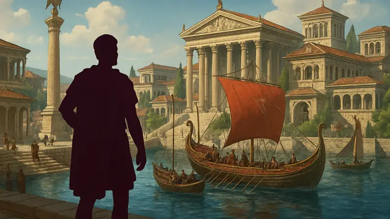 Кадр из игры Anno 117 Pax Romana, показывающий римский город с хорошо проработанной архитектурой и кораблями.