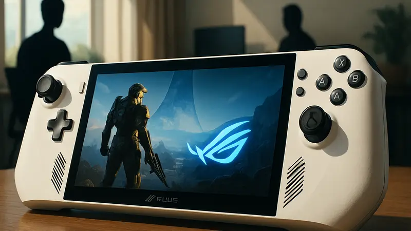 Портативная игровая консоль ASUS ROG Ally с логотипом Xbox, лежащая на столе, демонстрирующая экран и элементы управления.