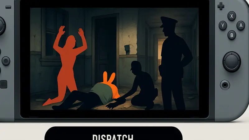Скриншот из игры Dispatch на Nintendo Switch, демонстрирующий цензурированную сцену с забавными элементами.