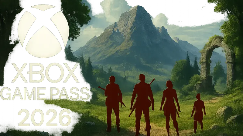 Логотип Xbox Game Pass с изображением новой игры с открытым миром и датой добавления