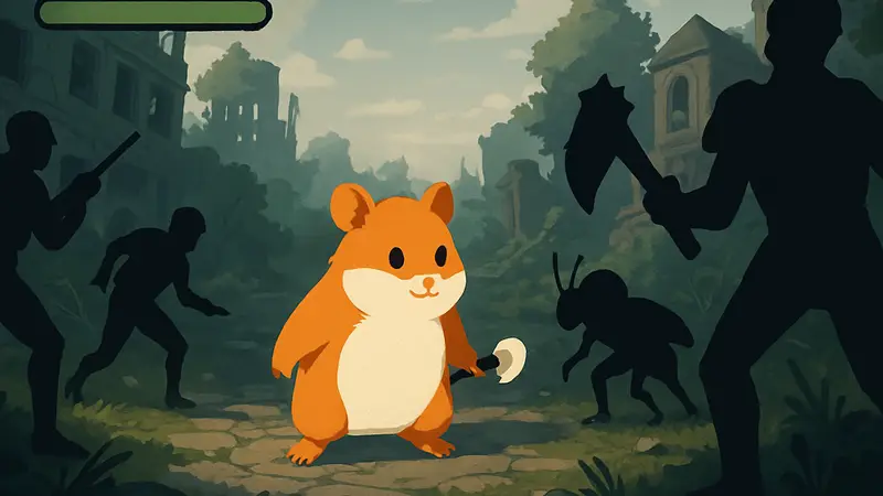 Игровой скриншот Mochi-O с боевым хомяком в центре экрана, сражающимся с врагами.