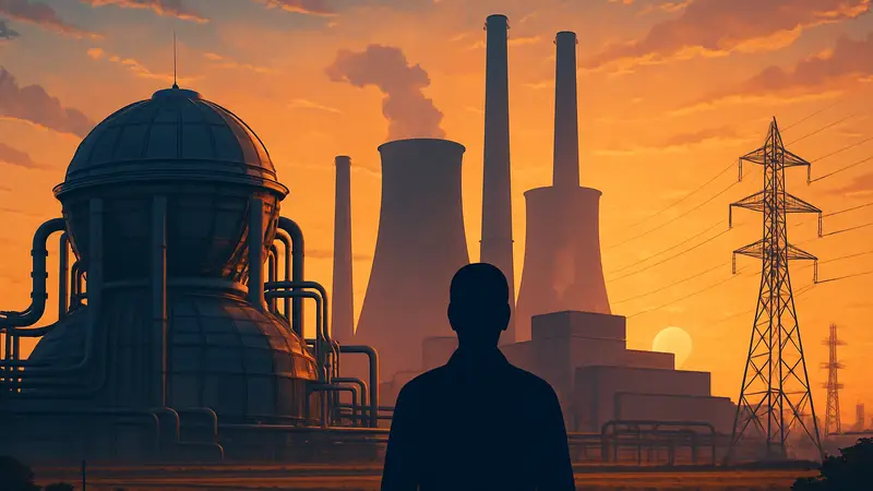 Концептуальное изображение современной или футуристической электростанции на фоне заката