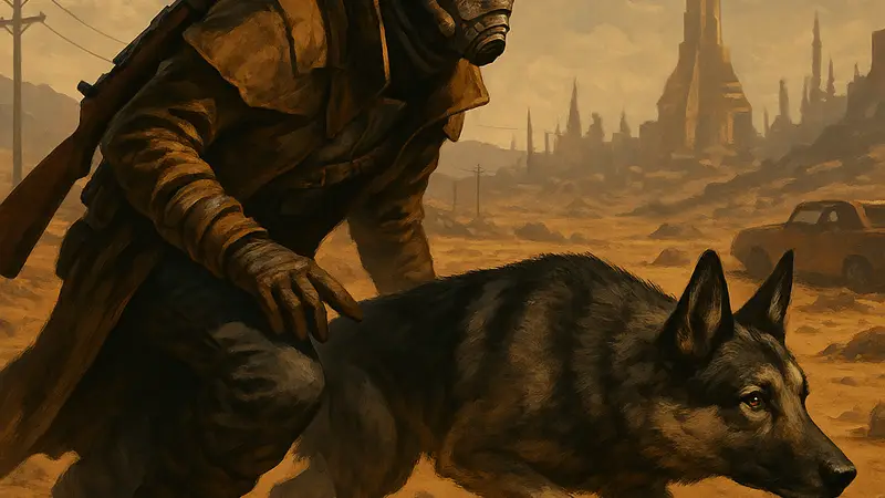 Собака-компаньон в Fallout New Vegas, крадущаяся в пустыне рядом с игроком, демонстрируя новый мод на стелс.