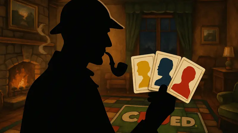 Изображение Шерлока Холмса в игре Cluedo с карточками подозреваемых.