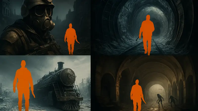 Коллаж из обложек или ключевых моментов игр серии Metro