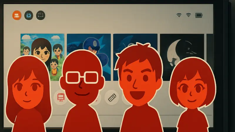 Иконки персонажей Tomodachi Life, стилизованные под аниме, на фоне интерфейса Nintendo Switch.