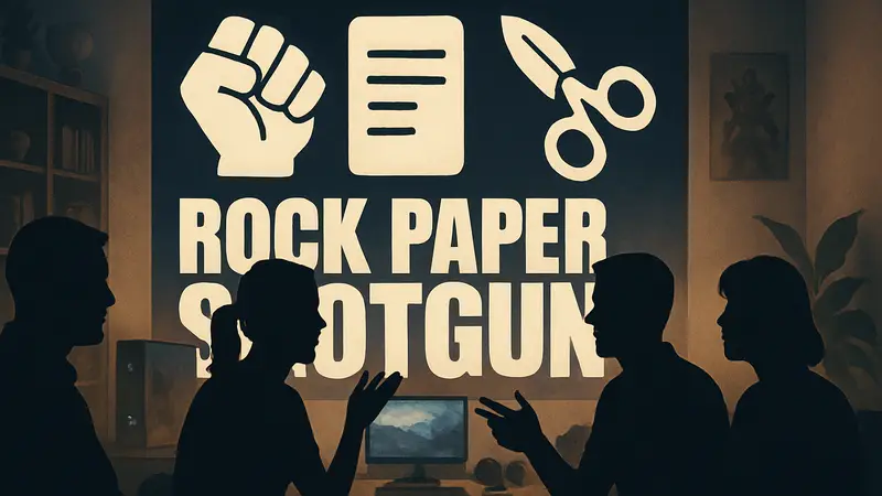 Геймеры обсуждают свои планы на выходные, на фоне логотип Rock Paper Shotgun