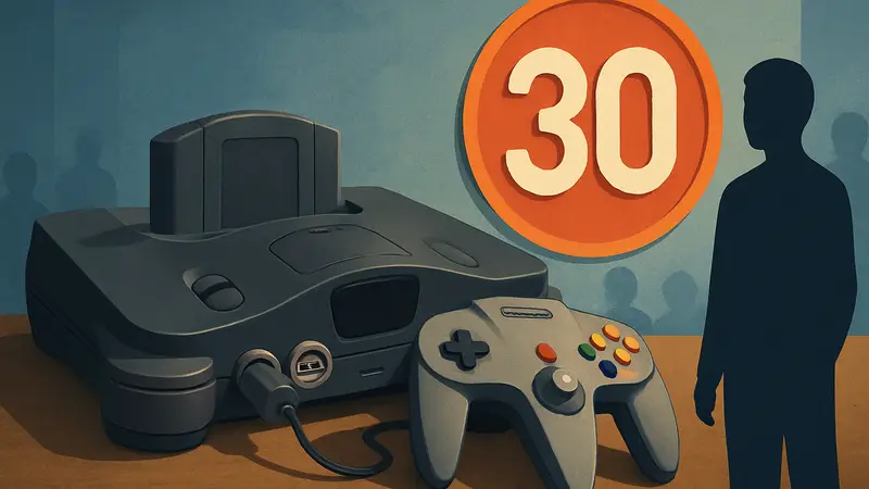 Игровая консоль Nintendo 64 с контроллером и логотипом 30-летнего юбилея.