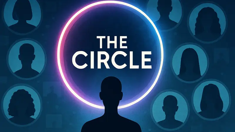 Логотип реалити-шоу The Circle на фоне аватаров участников