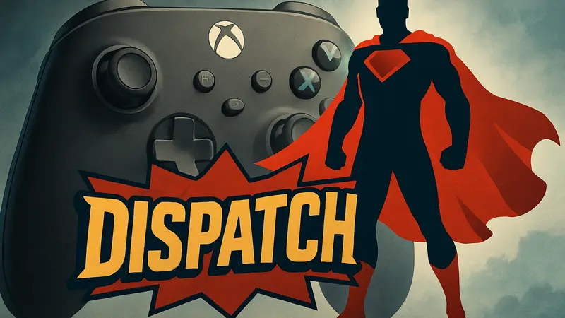 Логотип игры Dispatch с элементами супергеройской тематики на фоне контроллера Xbox.