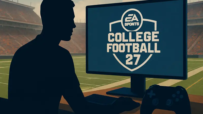 Логотип EA Sports College Football 27 на фоне футбольного поля, ПК, геймпад
