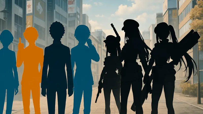 Персонажи Persona 5, 4 и 3 вместе с героинями Goddess of Victory: NIKKE в аниме-стиле.