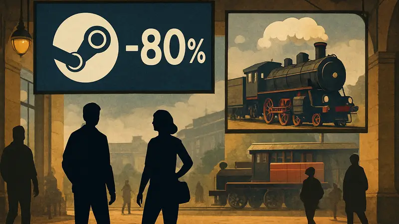 Логотип Steam, игры со скидками до 80%, Фестиваль поездов Steam, распродажа