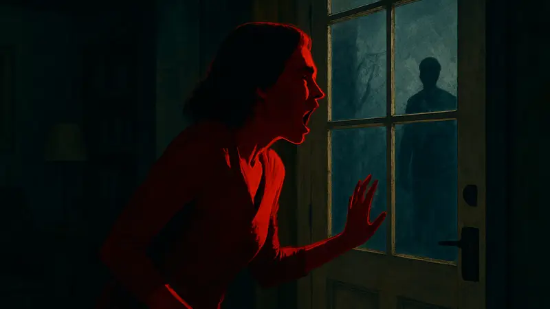 Кадр из фильма ужасов «Тишина» Майка Флэнагана с напряженной сценой главной героини.