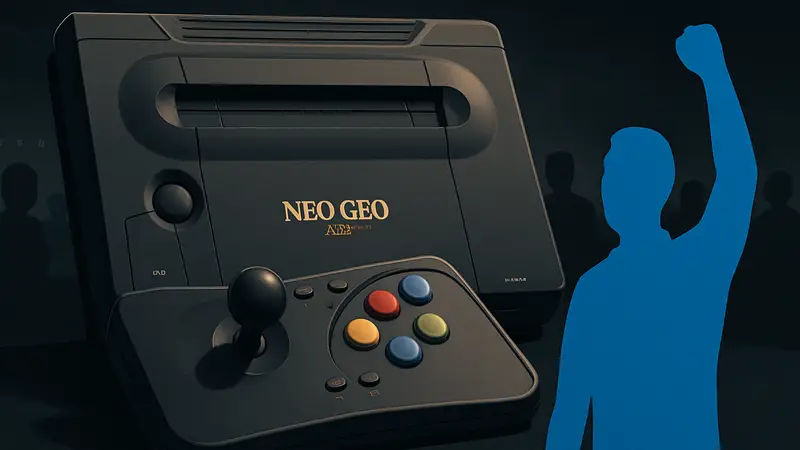 Изображение ретро-консоли Neo Geo AES+ с джойстиком на чёрном фоне, символизирующее успех предзаказов.