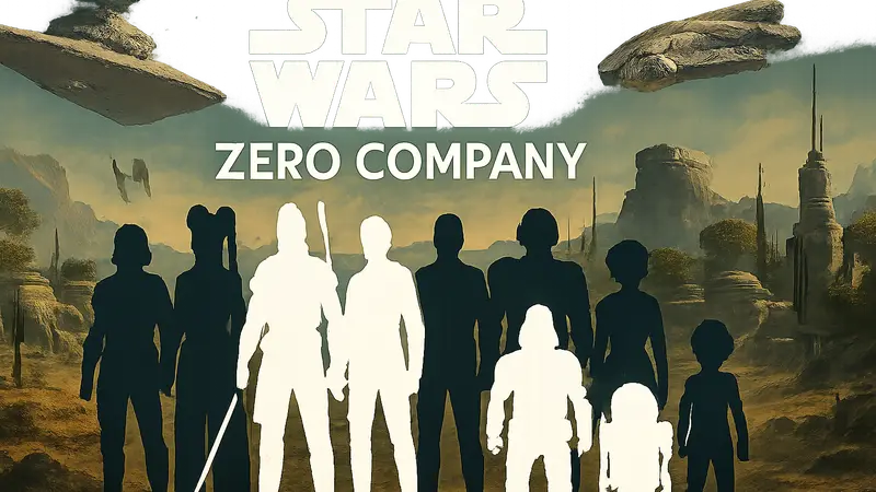 Логотип Star Wars: Zero Company с изображением персонажей и актеров, анонсированных для игры.