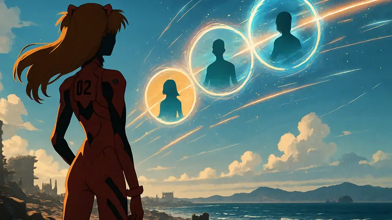 Аска из Evangelion в пилотском костюме, смотрящая на горизонт, с эффектами, символизирующими альтернативные временные линии и будущее аниме-сериала.