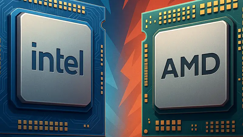 Процессоры Intel и AMD рядом, символизирующие конкуренцию на рынке чипов.