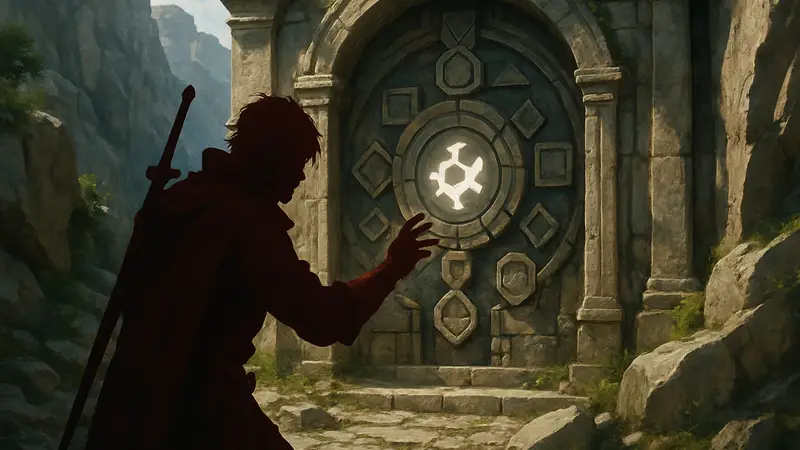 Персонаж из Crimson Desert решает головоломку у входа в «Пик Парящего»