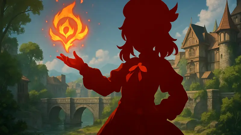 Изображение персонажа Николь из Genshin Impact, демонстрирующее её Pyro-способности и дизайн.