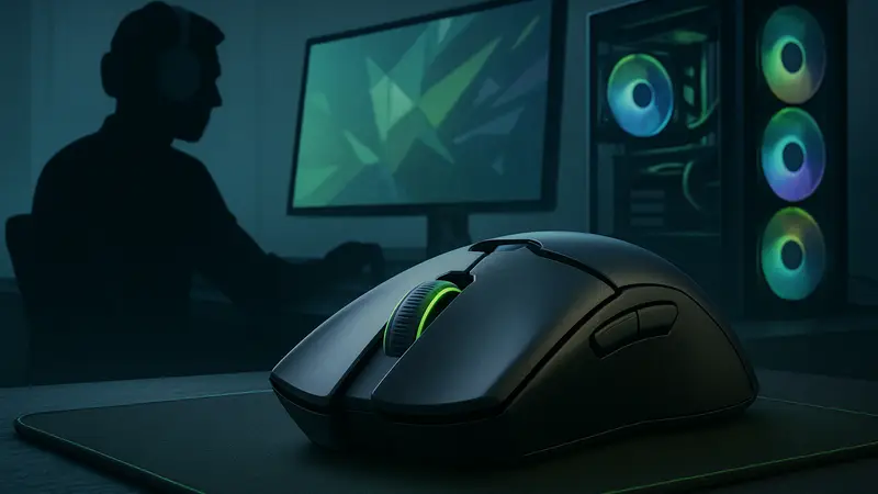 Игровая мышь Razer Viper V4 Pro на фоне игрового компьютера, подчеркивающая её дизайн и беспроводные возможности.