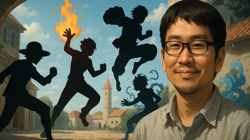 Изображение Эйитиро Оды, создателя One Piece, или персонажей аниме, использующих различные способности.