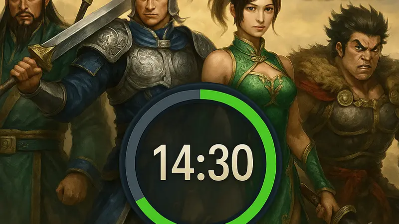 Изображение персонажей из Dynasty Warriors: Origins DLC "Visions of Four Heroes", возможно, с индикатором прогресса или игровым таймером.