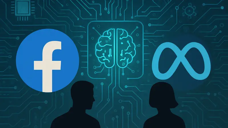 Логотип Facebook и Meta на фоне стилизованных элементов искусственного интеллекта, символизирующих 'AI Mode'.