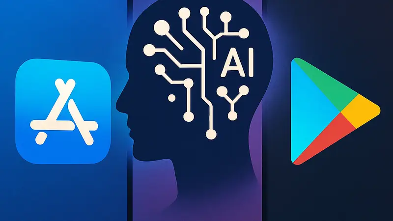 Смартфоны с логотипами App Store и Google Play, символизирующие AI-приложения.