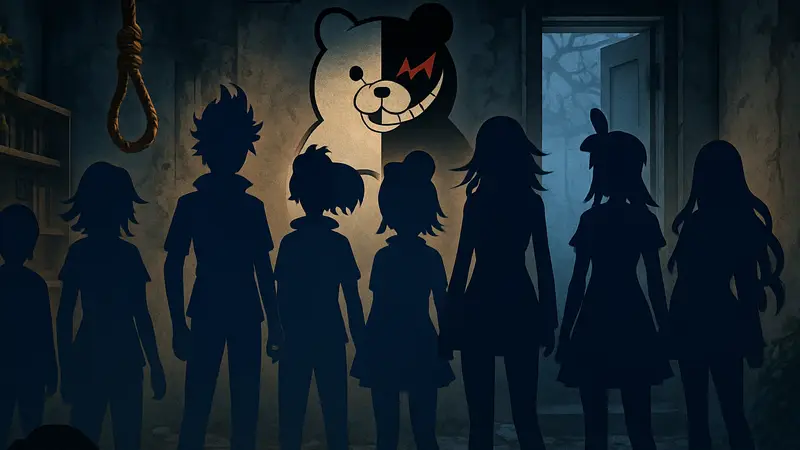Групповой портрет персонажей Danganronpa 2 с элементами нового сценария Slayhem, указывающими на тайну и выживание.