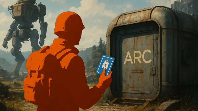 Игрок ARC Raiders с ключ-картой Riven Tides Secure Storage в руках