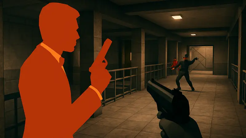 Скриншот из игры Agent 64, похожей на GoldenEye 007, с агентом и оружием.