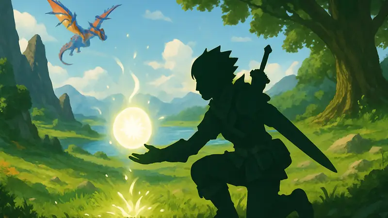 Игрок Monster Hunter Stories 3 добывает Жизненные эссенции в ярком фэнтезийном мире.