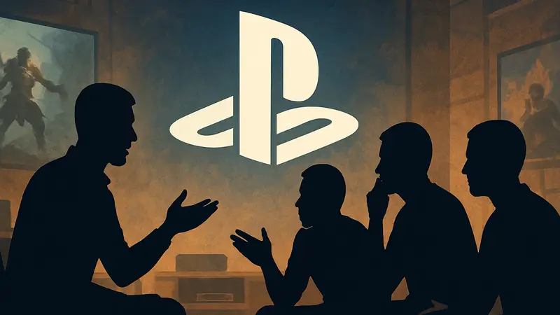 Логотип PlayStation на фоне геймеров, обсуждающих эксклюзивность игр