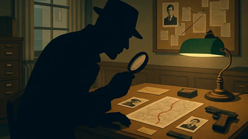 Игровой скриншот The Ratline: детектив рассматривает улики на столе в стиле 70-х годов.