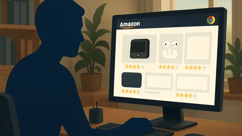 Пользователь компьютера смотрит на экран с Amazon, где активировано расширение Chrome, скрывающее неизвестные бренды.