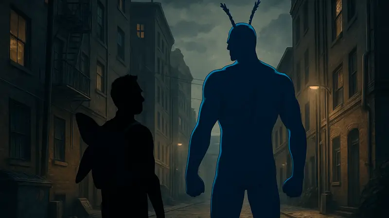Кадр из сериала The Tick (2016) с Питером Серафиновичем в роли Тика и его сайдкиком Артуром.