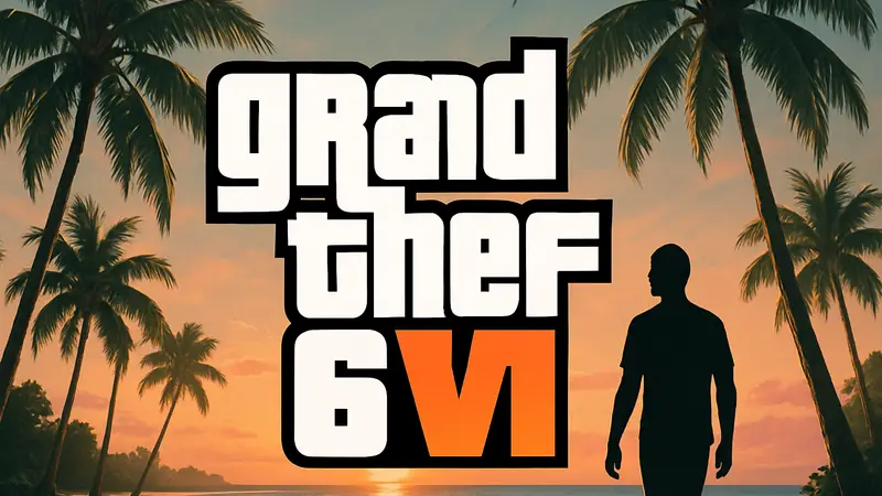 Логотип GTA 6 на фоне пальм и пляжа, символизирующих Вайс-Сити