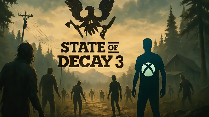Логотип State of Decay 3 на фоне зомби-апокалипсиса, с символикой PlayStation и Xbox