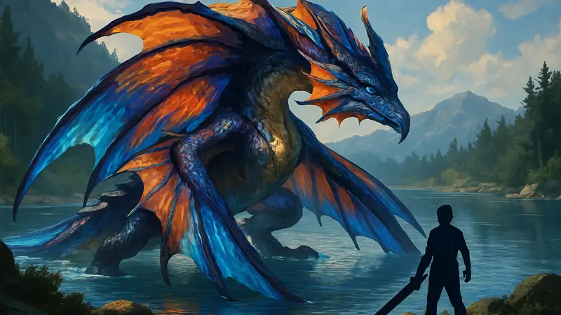 Босс Намиэль из Monster Hunter Stories 3, на фоне Зеркального озера Азурии.