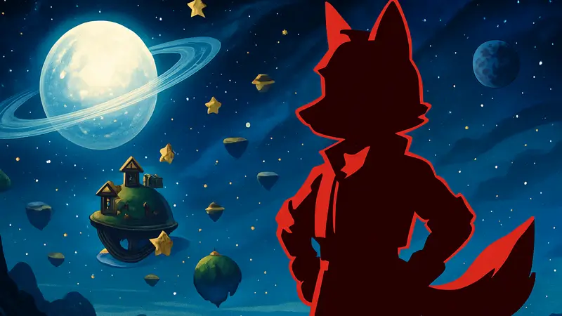 Фокс МакКлауд в анимационном стиле, на фоне космического пейзажа фильма Super Mario Galaxy