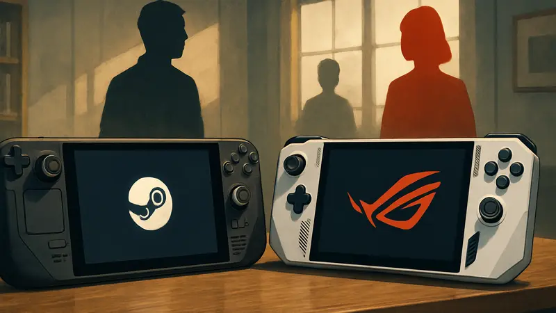 Steam Deck и Asus ROG Ally X на столе, символизирующие конкуренцию портативных игровых консолей.