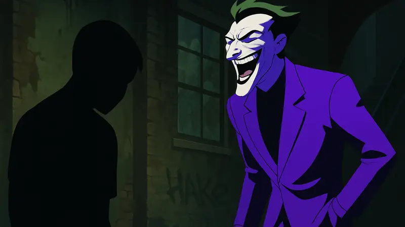 Кадр из мультфильма "Бэтмен будущего: Возвращение Джокера" с Тимом Дрейком и смеющимся Джокером.