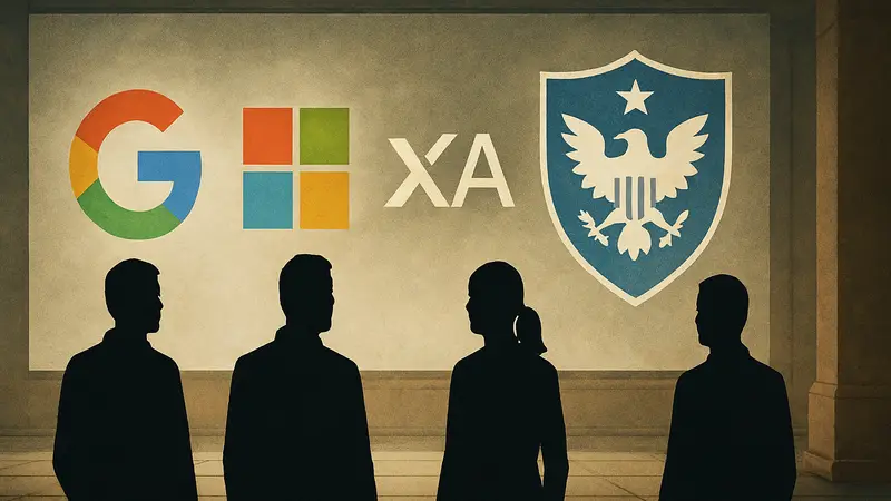 Символы Google, Microsoft, xAI и правительственный щит, представляющие сотрудничество.